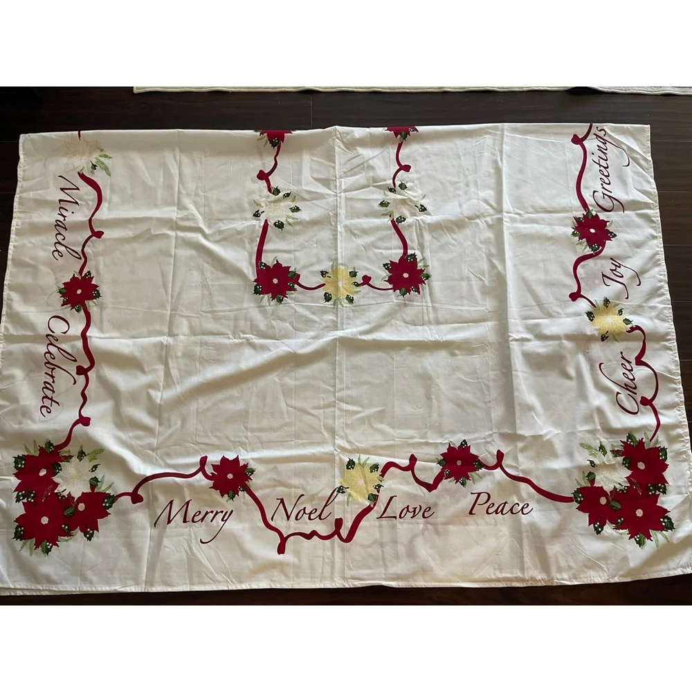 Trim A Home Christmas Tablecloth 61.5x86 Poinsettia Ribbon Script Holiday